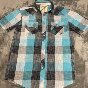 Coastal Pearl Snap Men’s Medium Short Sleeve Plaid Shirt – 100% Cotton
